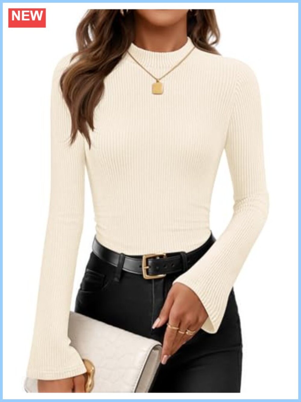 Mock Neck Long Sleeve Ribbed Knit Slim Fit Business Casual Top